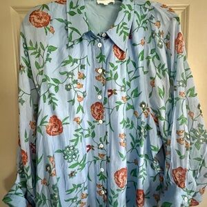 entro Light Blue Floral Button-Down Shirt with Green Vine and Rust Flowers NWOT